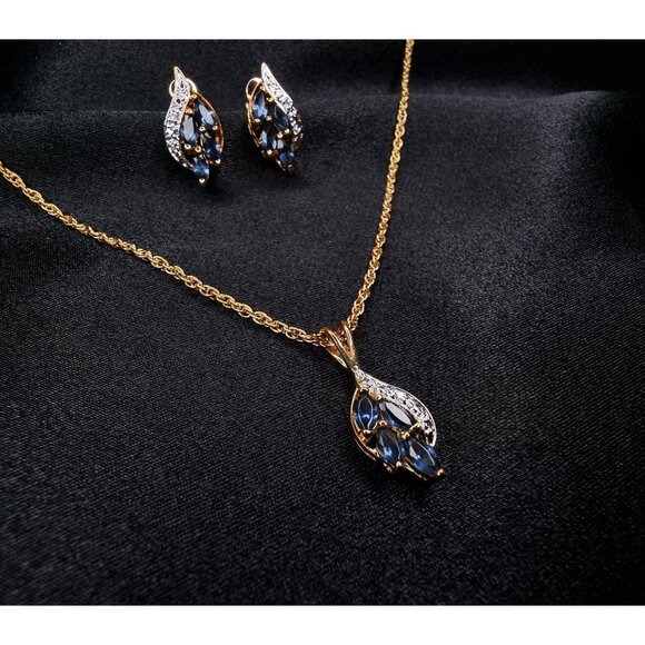 Vintage 1990s Gold Plated Jewelry Set With Blue Gemstone Pendant Necklace - Picture 1 of 9